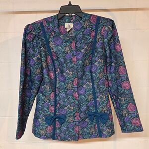 Vintage CB New York Floral Blazer Bow Accents Purple Teal Blue Jacket Size 10